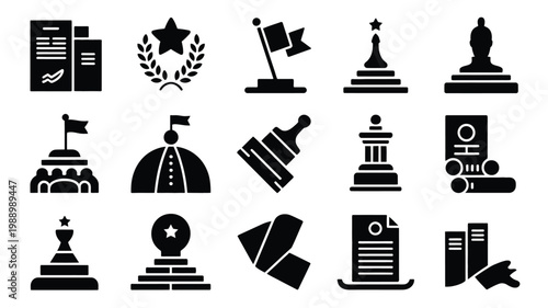 Black flat design icons depicting awards books and symbols for constitution and memorial themes on a clean background