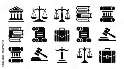 Black and white vector icons depicting legal symbols books scales and justice tools in a minimalist design