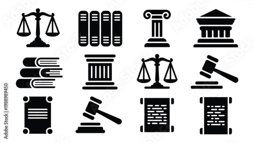 Black and white vector icons of justice law and legal documents including scales books gavel and courthouse symbols