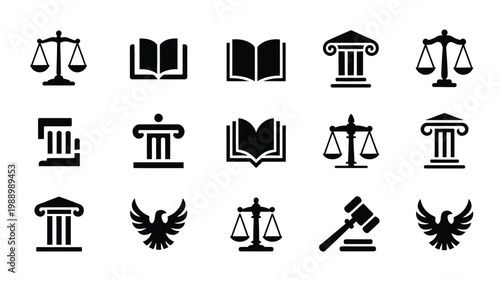 Black and white vector illustration of law and justice symbols featuring scales books pillars gavel and eagle icons for legal themes