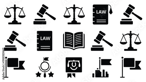Collection of black and white legal icons featuring scales of justice gavels law books and flags for professional use
