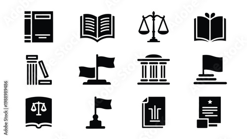 Black silhouette icons of books justice scales flags and documents symbolizing law education and governance isolated on white background