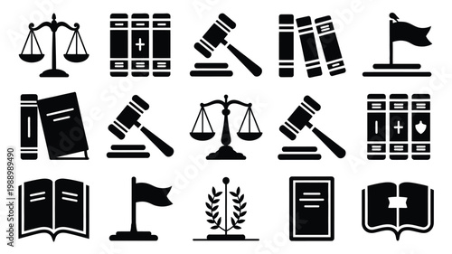 Professional legal icon set featuring justice scales gavel law books and symbolic court elements in minimalist black and white design