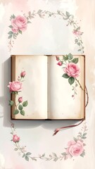A vintage book adorned with pink roses and green leaves