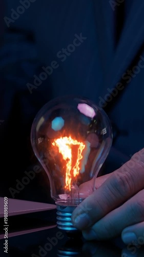 Creative thinking mindset concept. Idea, motivation, innovation, growth, imagination and inspiration. Personal development. Businessman showing glowing light bulb with fire inside.