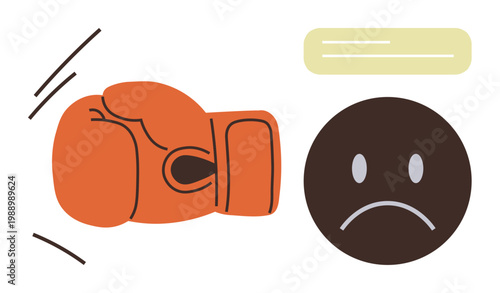 Violence, mental health, emotional struggle, conflict, anger management, tough situations. A boxing glove aiming at a sad face. Violence and mental health visually