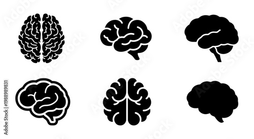 Human brain icon set, 6 black vector silhouettes, medical mind and anatomy symbols