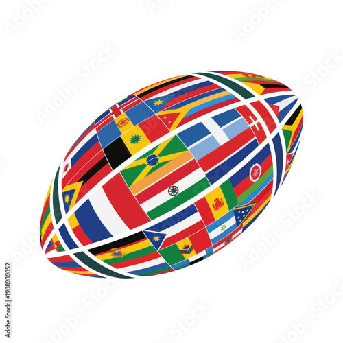 Rugby Ball Covered in World Flags - Global Sports Concept