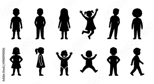Children silhouette set, 12 kids and baby vector icons, black toddler figures on white
