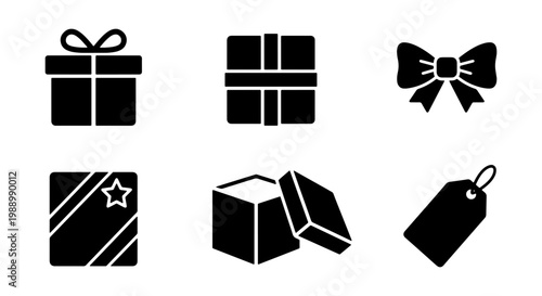 Minimalist gift box icons, black solid present symbols, 6 holiday shopping vector set