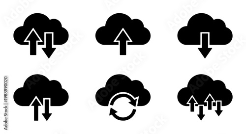 Cloud computing icons set, data transfer symbols, 6 black vector upload download signs