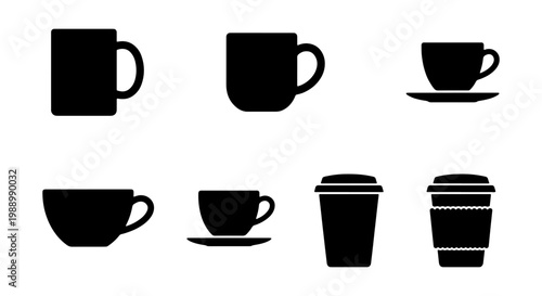 Coffee cup silhouette icons, black mug and tea cup set, 7 vector beverage elements