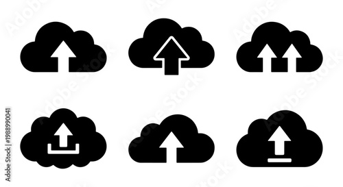 Cloud upload icon set, 6 black vector symbols, data storage and backup web elements