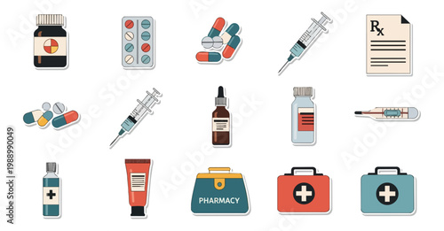 Medical icons pills syringes bottles and first aid kit on black background