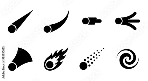Meteorite icon set, 8 black comet vector elements, falling star and asteroid symbols