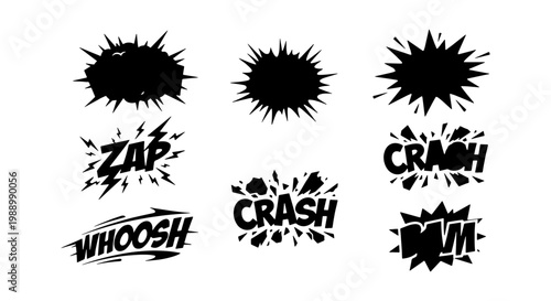 Comic sound effects vector set, black speech bubbles and crash onomatopoeia icons