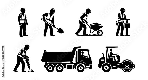 Construction worker silhouettes, road building machinery, industrial labor vector set