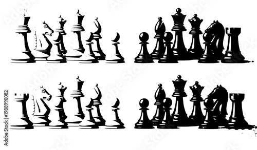 3D chess pieces set king queen rook knight pawn wooden brown vector isolated on transparent background