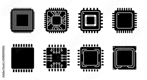 Computer chip icons set, 8 CPU processor vector symbols, microchip hardware graphics