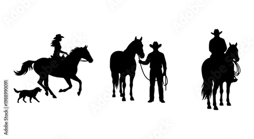 Cowboy silhouette set, western horse rider icons, ranch life vector elements for design