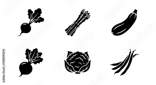 Black vegetable icon set, 6 organic food silhouettes, minimalist garden produce vectors