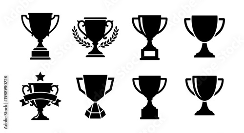 Trophy cup icons set, black winner award silhouettes, 8 sports championship vector symbols