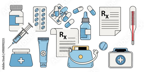 Medical supplies and equipment illustration on black background
