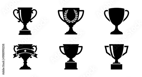 Trophy cup silhouette icons, 6 winner award symbols, sports championship vector set