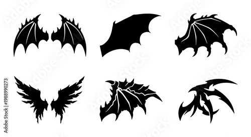 Gothic dragon wings set, black demon wing silhouettes, 6 fantasy creature vector icons