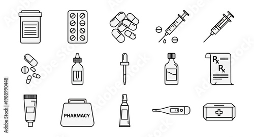Medical icons pills syringes bottles and prescription symbols