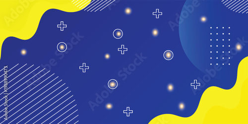 Abstract blue and yellow geometric background with fluid wavy shapes and glowing light particles.Eps 10