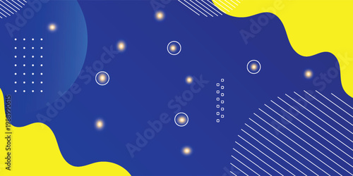 Abstract blue and yellow geometric background with fluid wavy shapes and glowing light particles