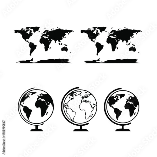 Black and white illustrations of world maps and globes