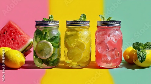 Three mason jars with refreshing infused water drinks containing cucumber lemon and mint on colorful background with fruits