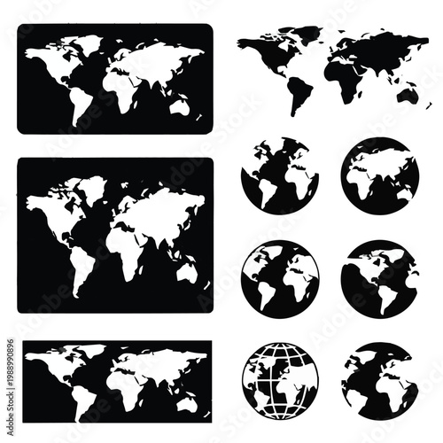 Collection of world map silhouettes in various formats and sizes