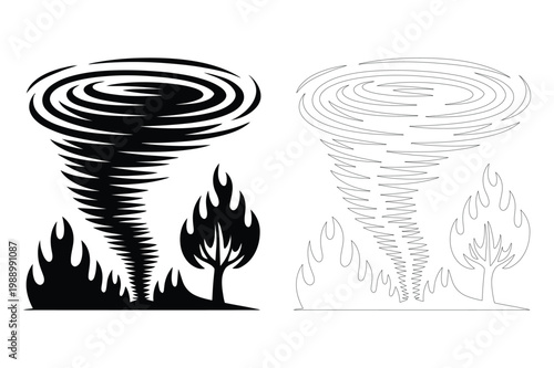 Destructive natural disaster icons: powerful tornado and spreading wildfires