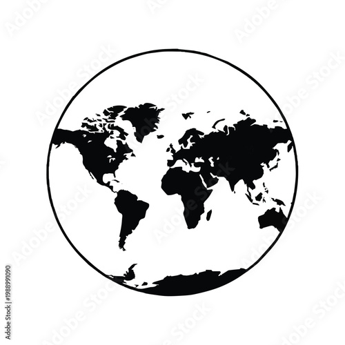 Black and white illustration of the world map on a globe