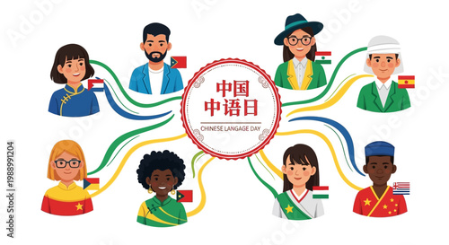A vector illustration celebrates Chinese Language Day with diverse people each holding a flag, connected by flowing lines against a white background, conveying a sense of global unity