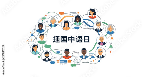 A vector illustration commemorates Chinese Language Day with diverse avatars connected by lines, symbolizing global communication and cultural exchange around Mandarin language learning