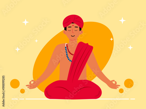 The Indian spiritual meditation tradition is done by sitting in the Sukhasana (relaxed position) or Padmasana (lotus position) position. India illustrations. Flat vector concepts.