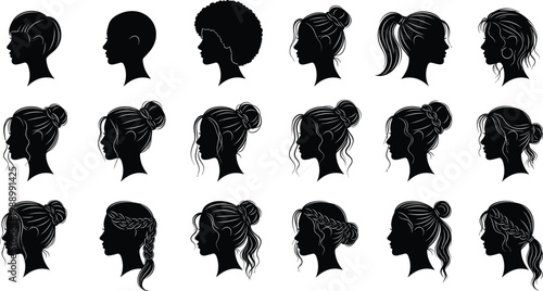 Collection of hairstyle silhouette illustration, diverse hair profile artwork, fashion grooming design concept, black and white vector template set