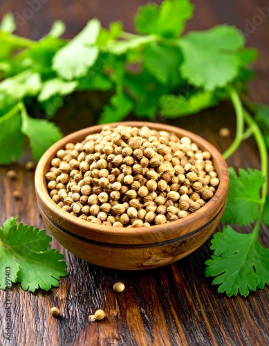 Close-up of whole coriander seeds in a wooden bowl with leaves