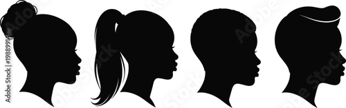 Collection of hairstyle silhouette illustration, diverse hair profile artwork, fashion grooming design concept, black and white vector template set