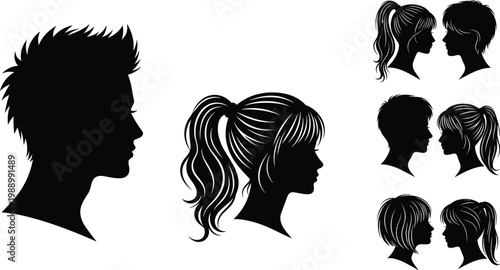 Collection of hairstyle silhouette illustration, diverse head profile artwork, fashion grooming design concept, black and white vector template set