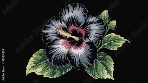 A detailed digital illustration of a large black hibiscus flower with green leaves