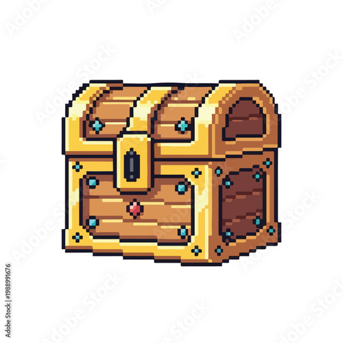 A detailed pixel art illustration of a wooden treasure chest with gold trimmings and colorful gem accents isolated on a white background.