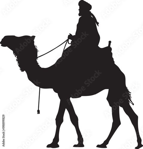 Black silhouette of bedouin riding a camel in desert