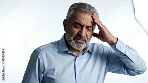 A stressed older man with his hands on his temples in a moment of frustration and anxiety in this video.