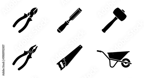 Black construction tool icons, 6 industrial hardware vectors, carpentry equipment set