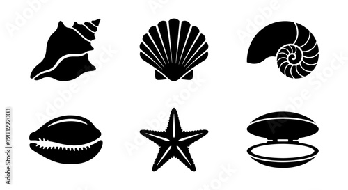 Seashell black silhouette icons, 6 marine sea shell vector set, starfish and nautilus